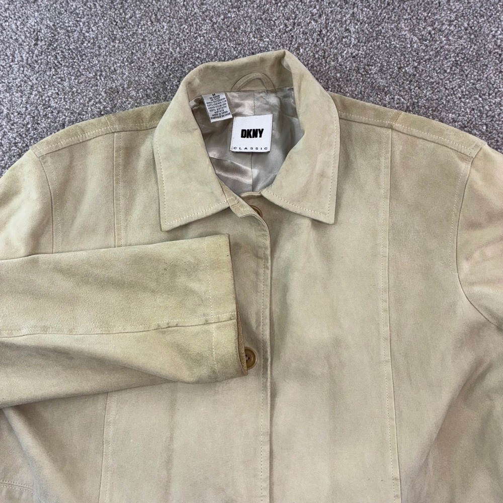 DKNY Classic Beige Suede Blazer Jacket Womens‎ Size Medium Button Front Pockets